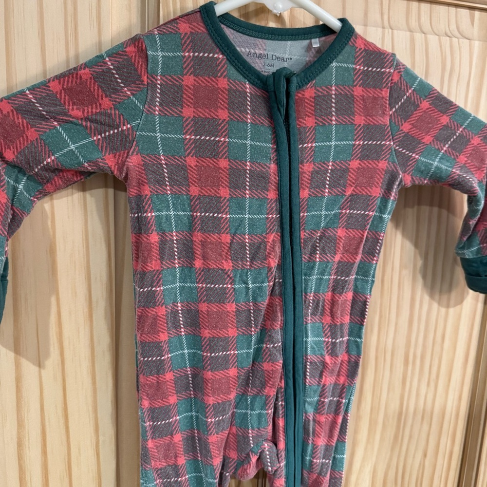 Angel Dear Bamboo Viscose Plaid‎ Sleeper Red Green 3-6M Two Way Zip Romper